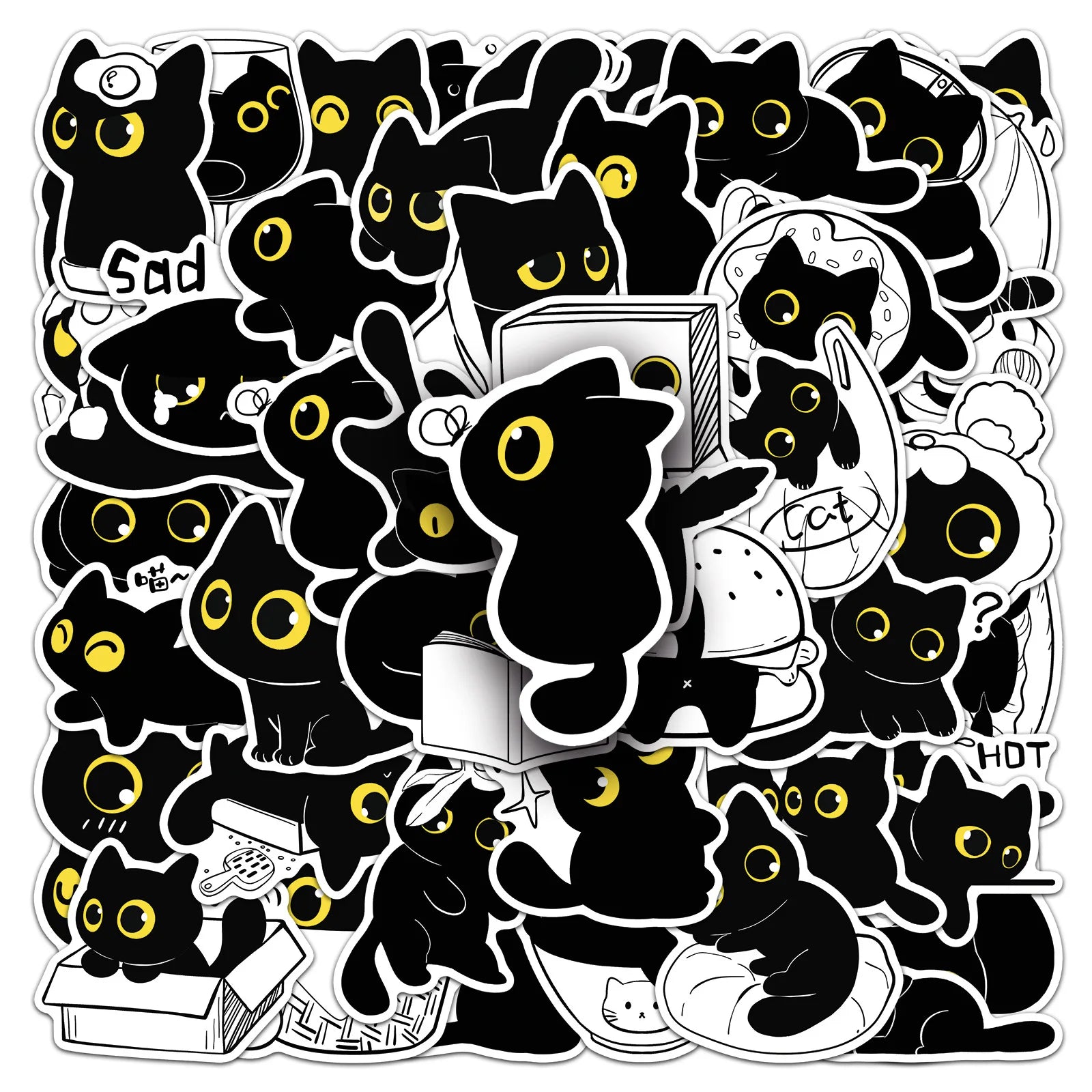 50/100PCS Cartoon Black Cat Daily Stickers Cartoon Cute Hand drawn Animal Creative Water Cup Ohone Stickers