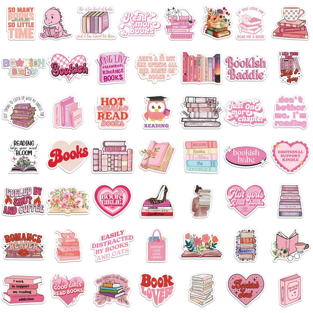 50PCS Pink Bookish Cartoon Stickers Creative DIY Stickers Tags Tablet Water Cup Decoration Stickers