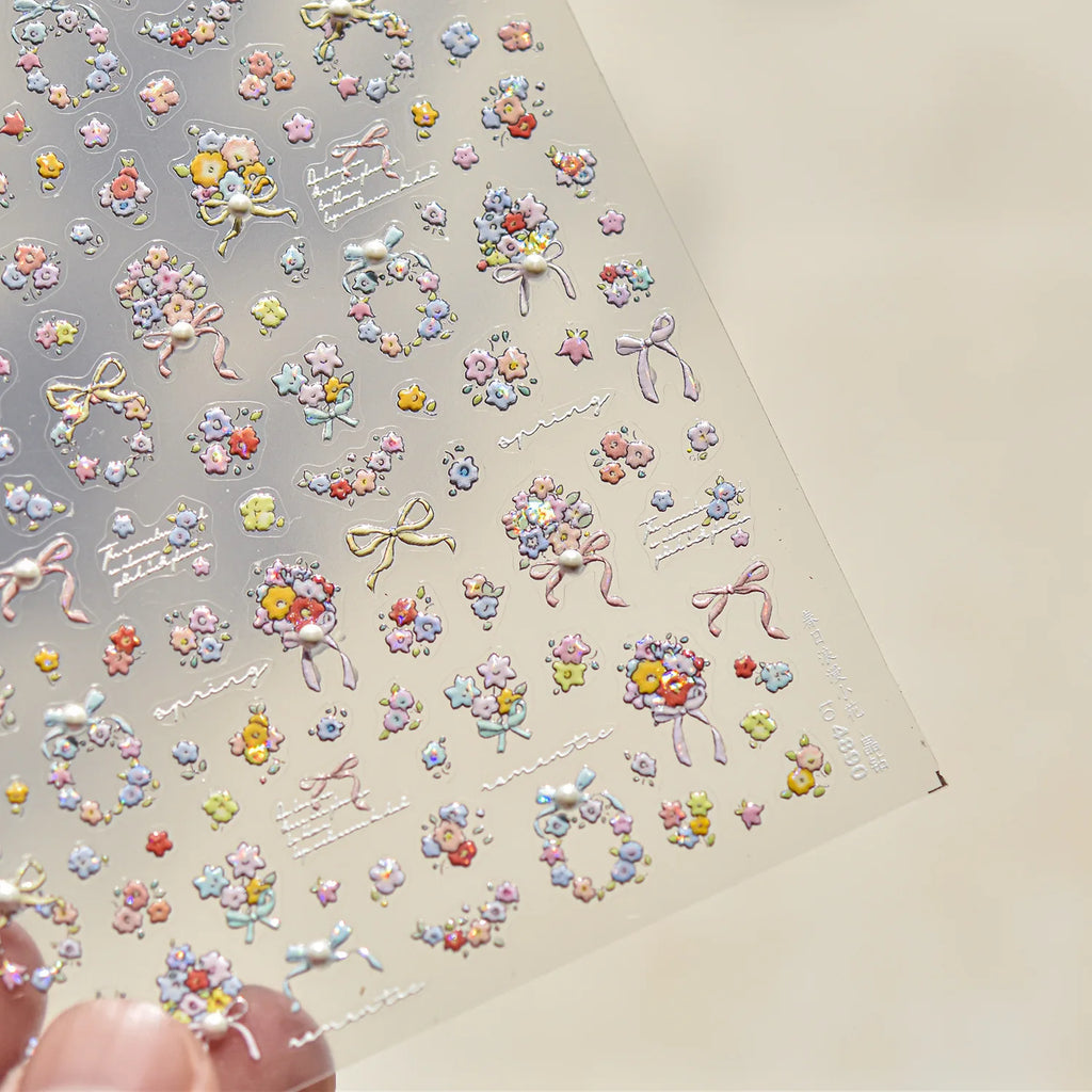 Colorful Daisy Frame Nail Decoration Stickers 5D Crystal Diamond Nail Art Stickers DIY Self Adhesive Bow Flowers Manicure Decals