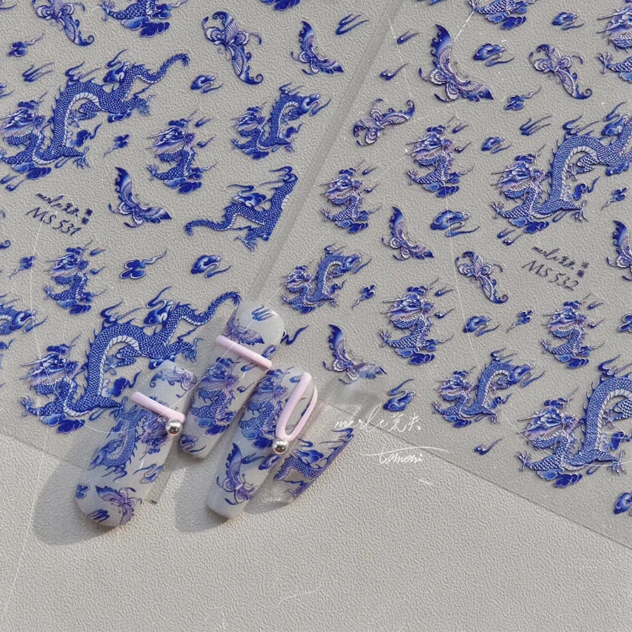 Retro Embroidered Dragon Red Porcelain Chinese 3D Embossed Relief Self Adhesive Nail Art Stickers Manicure Decorations Decal DIY