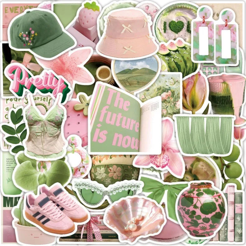 50-Pack Summer Fresh Pink Green Korean Style Waterproof Stickers for Phone Skateboard Notebook Luggage INS Aesthetic Decals