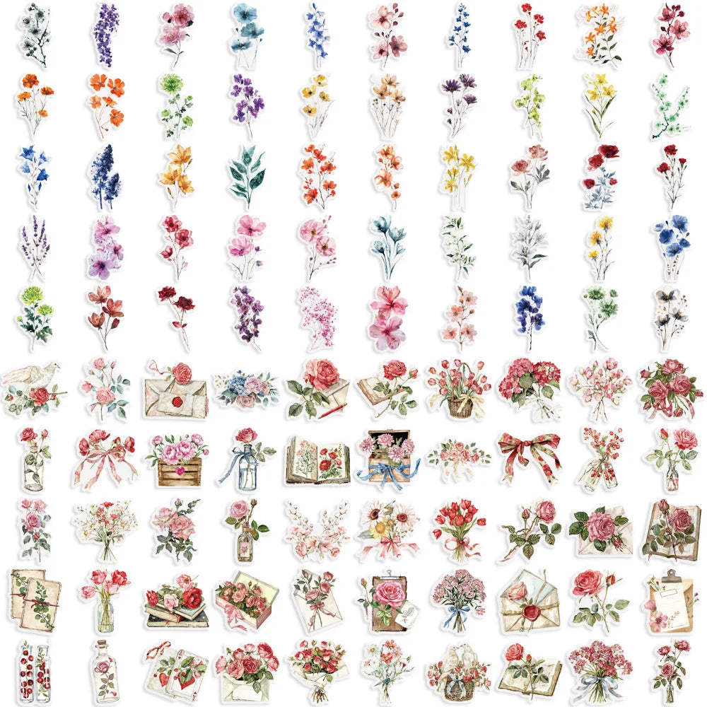 100  PCS Ink Flower Stickers Pack Waterproof Transparent PET Booklet Flower Material Decorative Guitar Notebook