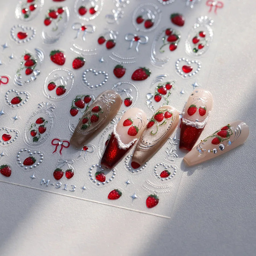 Fresh Sweet Fruits Strawberry Cherry Bowknot Love Heart Lemon 5D Nail Art Stickers Self Adhesive Decorations Nail Manicure Decal