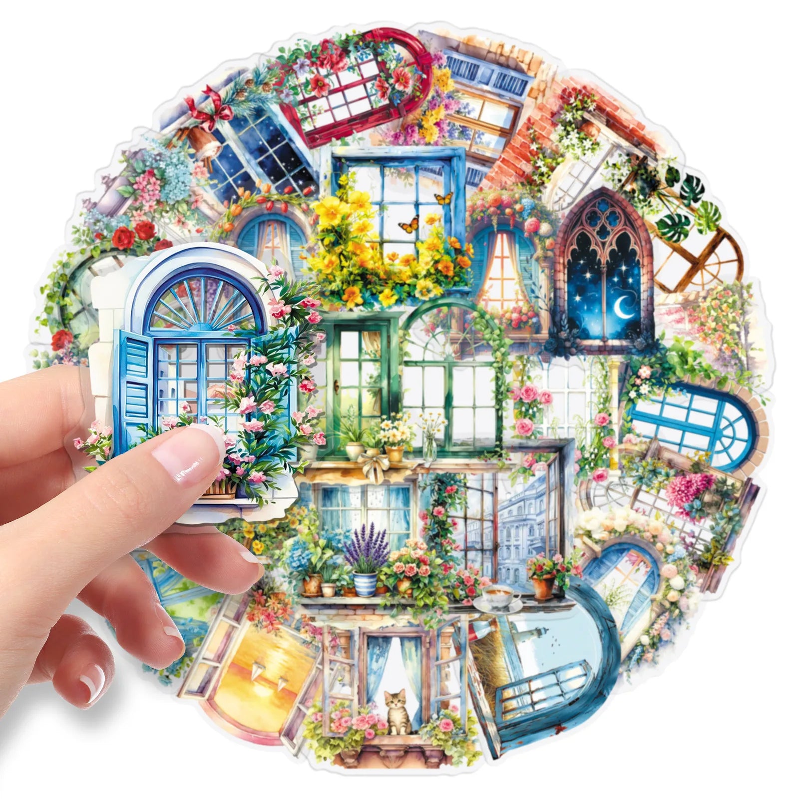 50PCS Transparent Window Flower PET Stickers, INS Forest Style Student Notebook Phone Case Waterproof Decorative Art Sticker