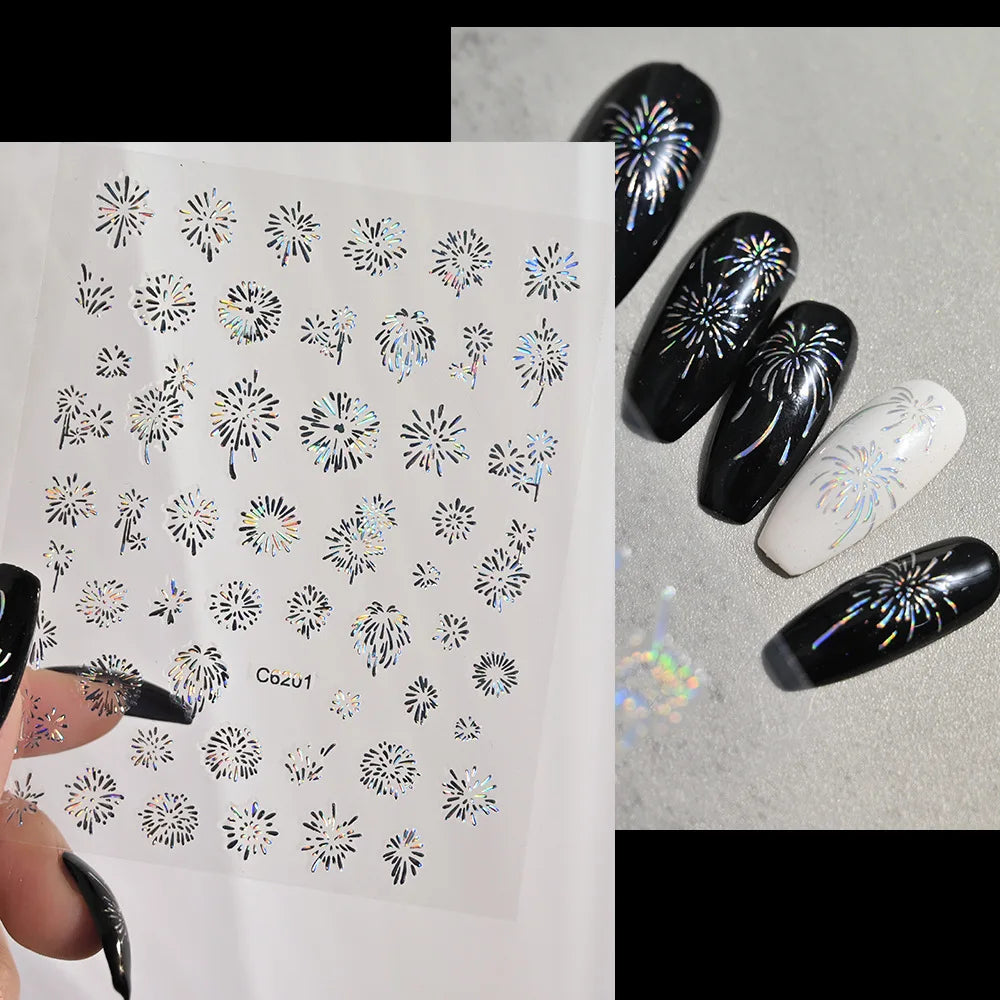 Laser Firework Nail Stickers 3D Self-Adhesive Blooming Fireworks Nail Art Decals New Year Firework Nail Decorations Slider 1pcs