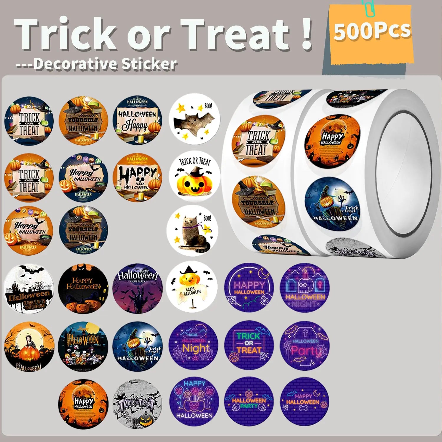 500Pcs Round Cartoon Halloween Day Trick or Treat Stickers 2.5cm/1'' Roll DlY Craft Decoration Scrapbook Label Gift Sealing