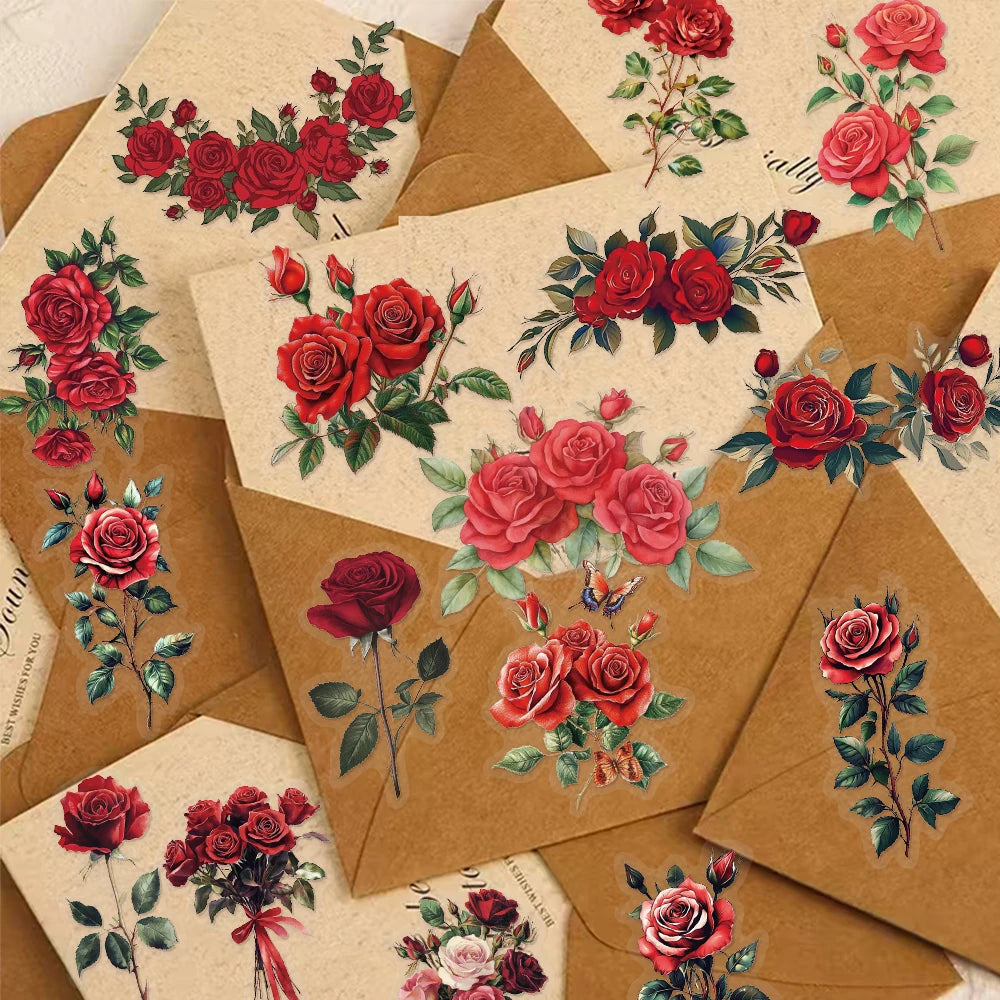 50PCS Retro Red Rose Series Decorative Fun PET Stickers Decorative Materials DIY Waterproof Tablet Computer Toy Stickers