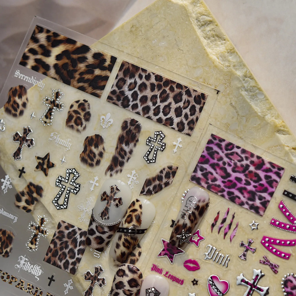 Retro Leopard Print Heart-shaped Nail Art Stickers 5D Metal Nail Sticker European and American Style Manicure Decorations Decals