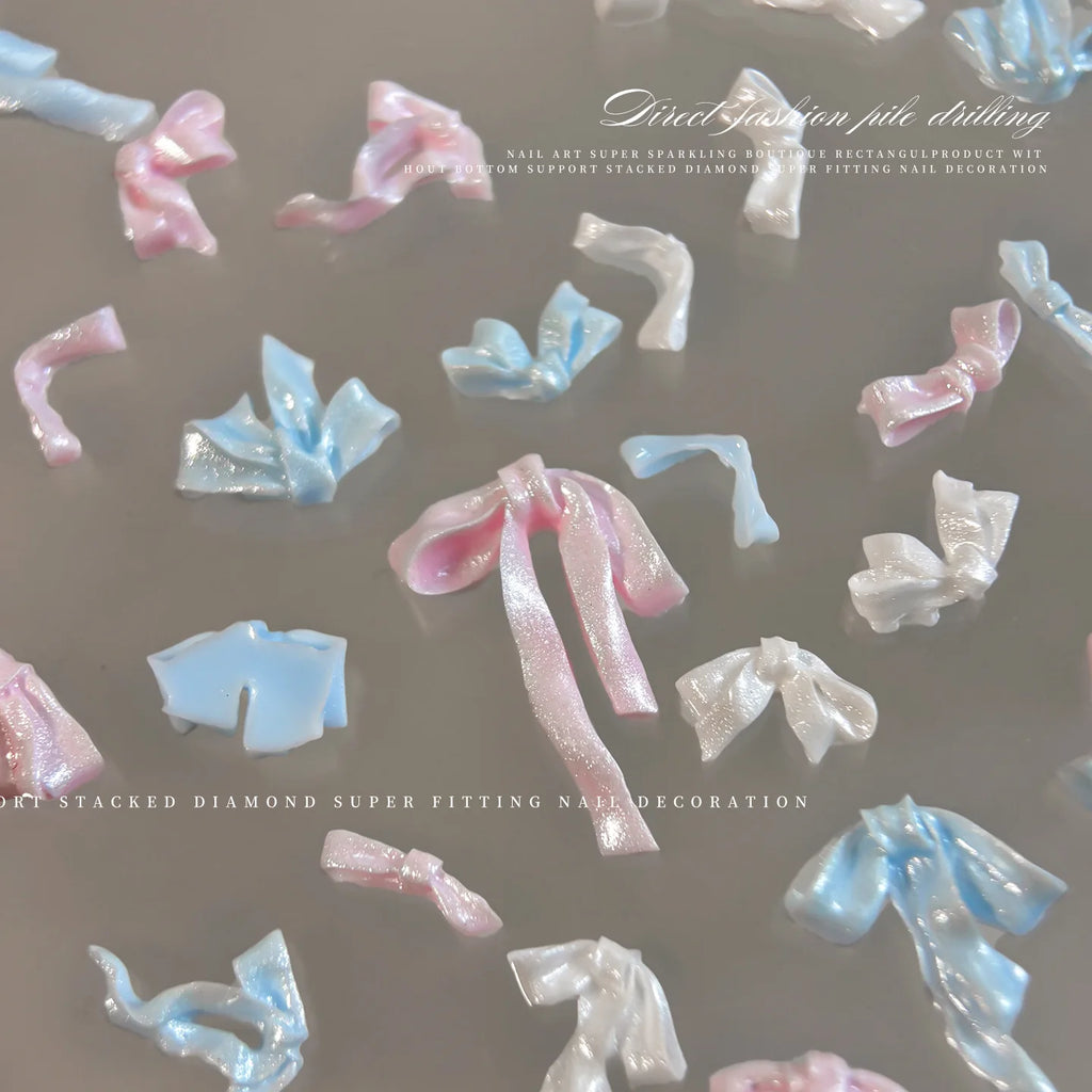 20pc Cute Pearlescent Soft Carving Ribbon Bow Nail Charms 2-21mm Mix Kawaii Bowknot Nail Rhinestones 3D Resin Manicure Accessory
