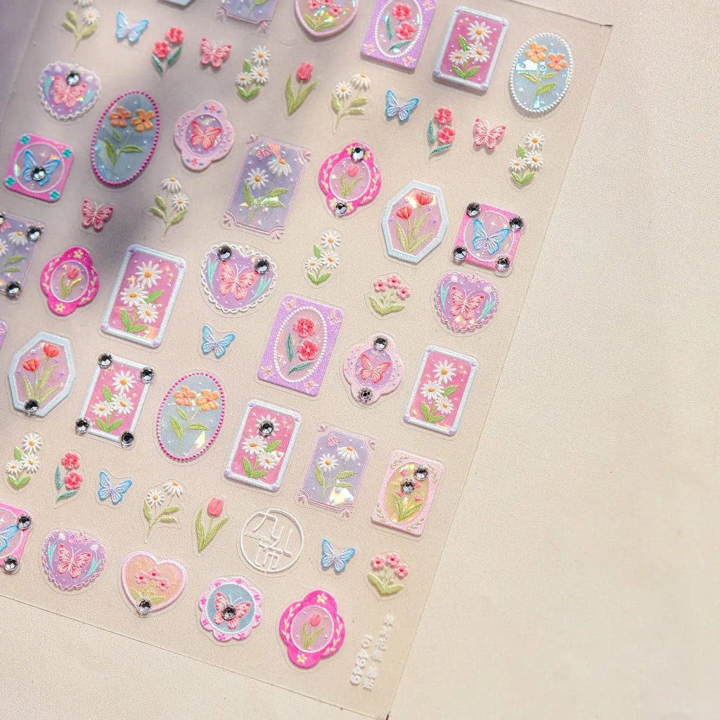 Colorful Daisy Frame Nail Decoration Stickers 5D Crystal Diamond Nail Art Stickers DIY Self Adhesive Bow Flowers Manicure Decals
