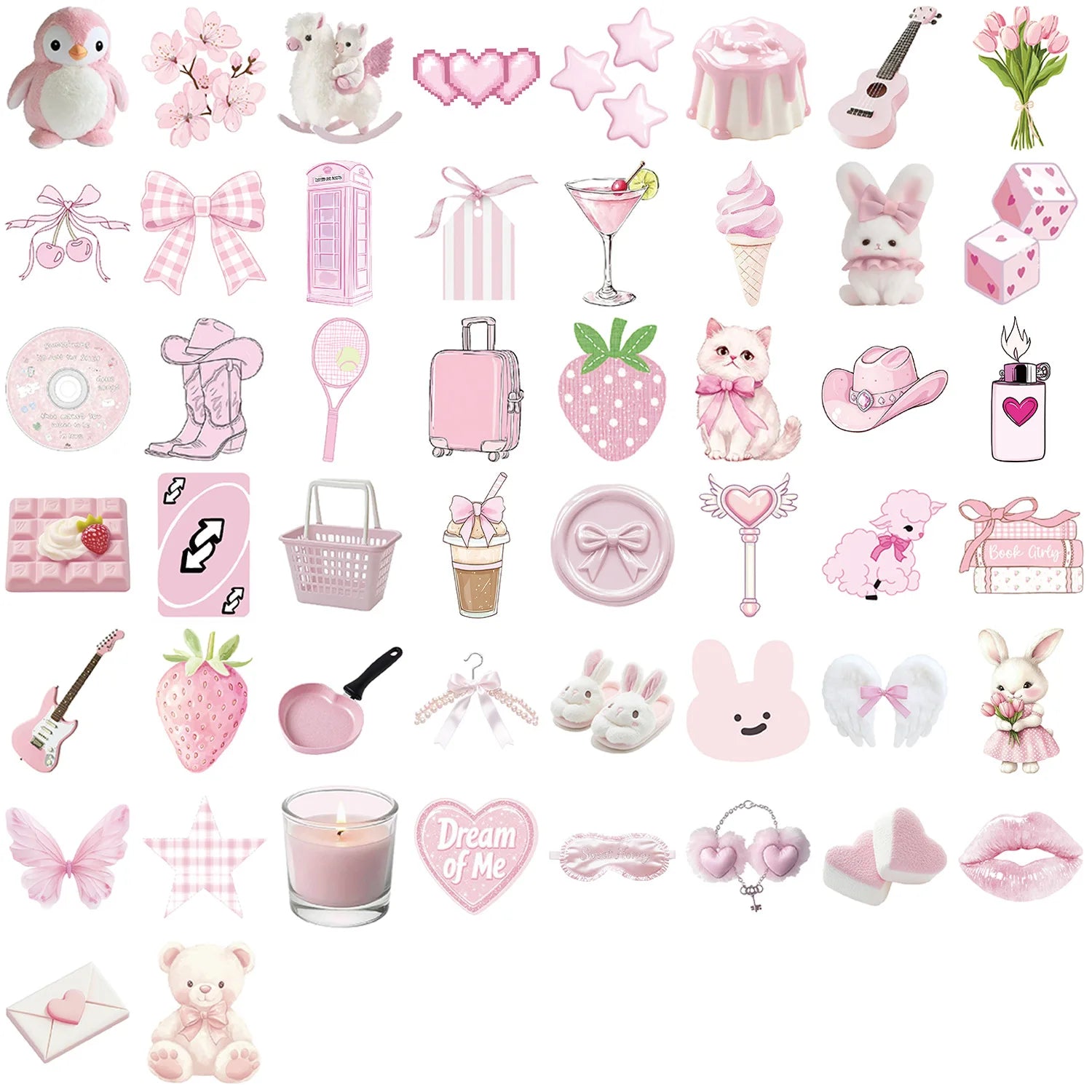 50PCS Cartoon Pink Gentle Aesthetic Stickers Decorative Guitar Notebook Luggage DIY Waterproof Stationery Stickers