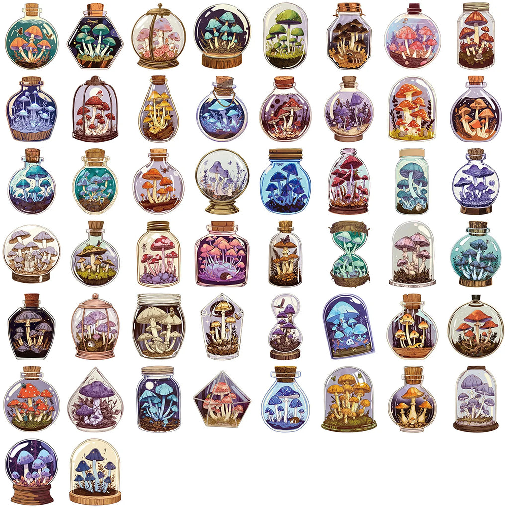 50/100PCS Transparent PET Cartoon Retro Mushroom Bottle Sticker Pack Waterproof Decorative Guitar Notebook Stickers