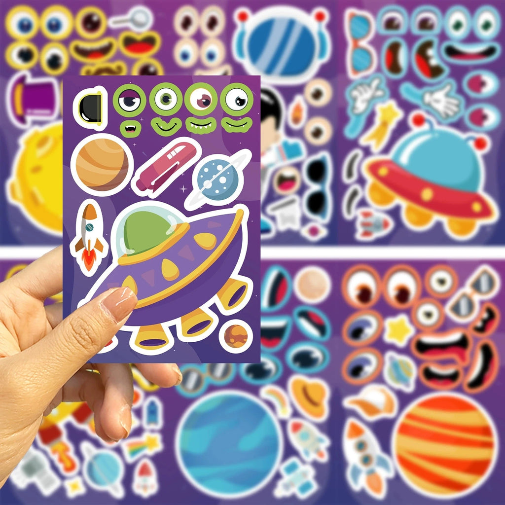 8PCS DIY Mobile Phone Decoration Kids Stationery Sticker Cartoon Planet Space Astronaut Face Changer Sticker