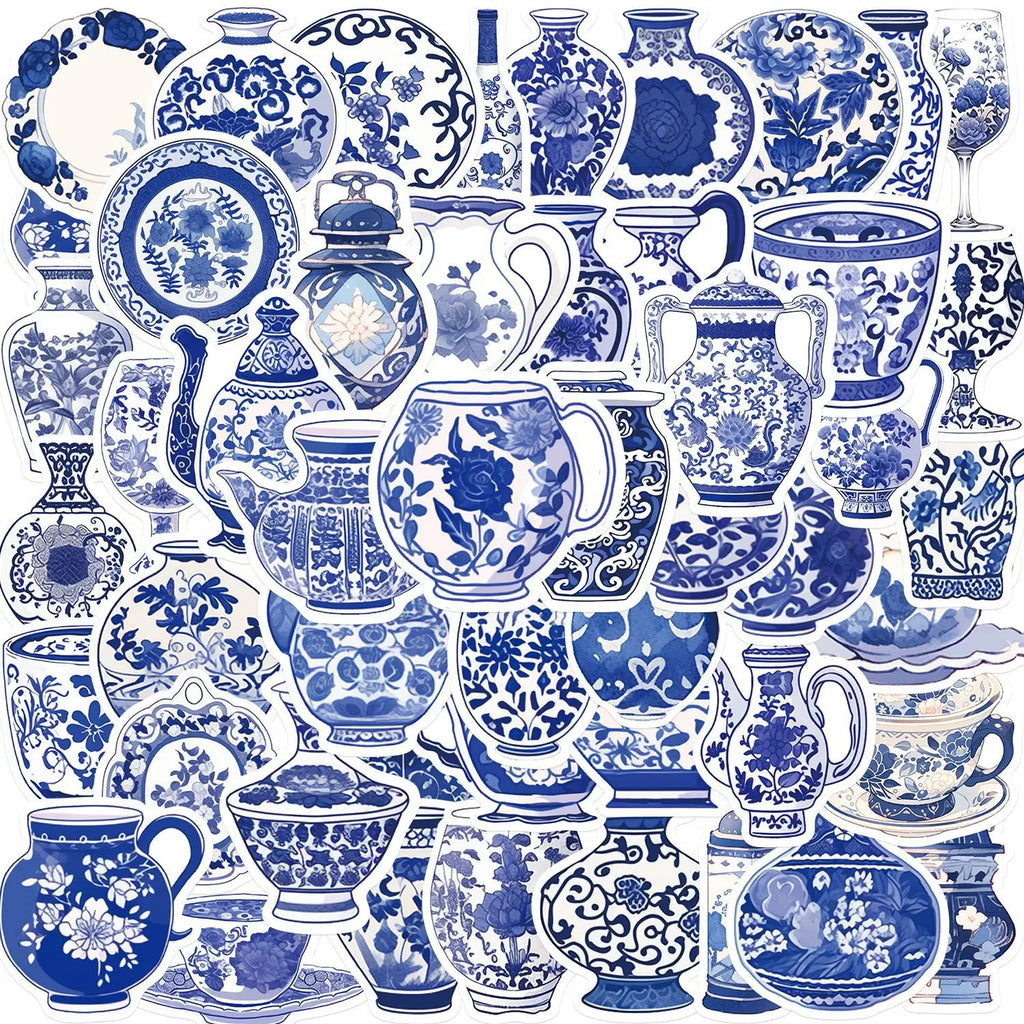 50PCS Cartoon Blue and White Porcelain Stickers Personalized Decoration Guitar Notebook Luggage DIY Waterproof Stickers