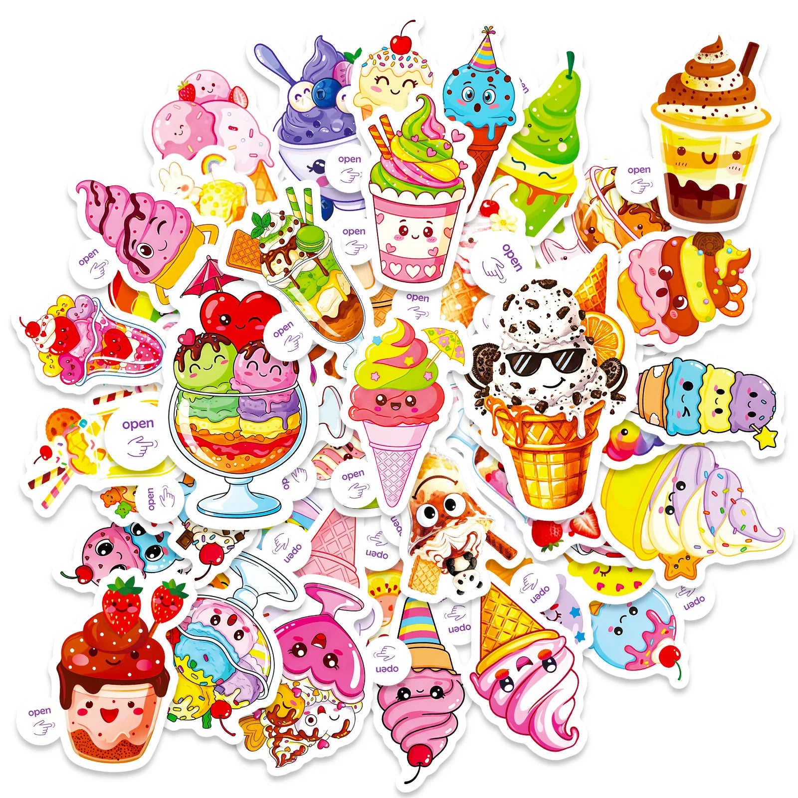 50PCS Cartoon Ice Cream Cute Doodle Stickers Easy Peel Kids DIY Fun Craft Student Notebook Tablet Decorative Sticker
