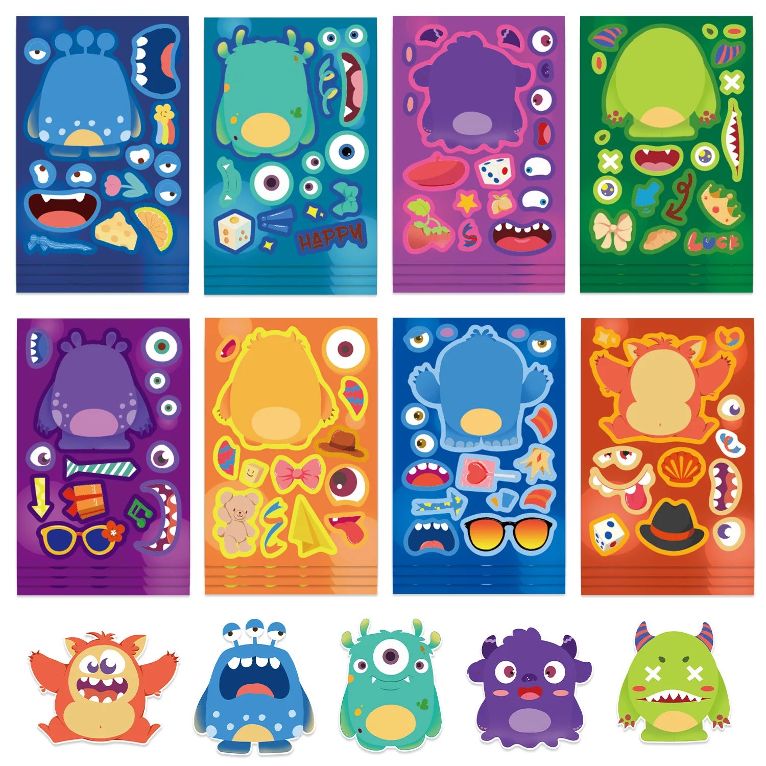 8/16/24Pcs Little Monsters Puzzle Sticker Make a Face Cartoon Toys For DIY Phone Laptop Luggage Skateboard Graffiti Decals