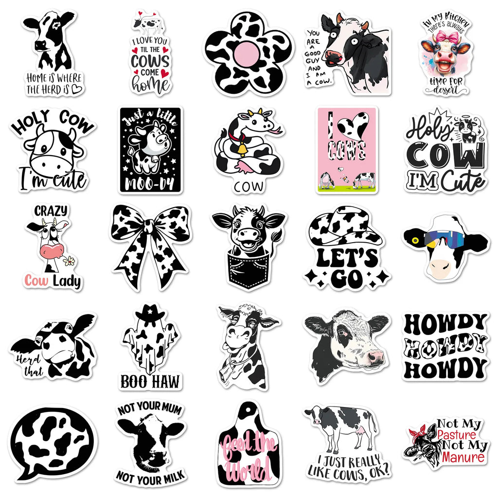 50-Pack Fun Black & White Polka Dot Cow Stickers Waterproof Decorative Stickers for Guitars Luggage Helmets Stationery Notebooks