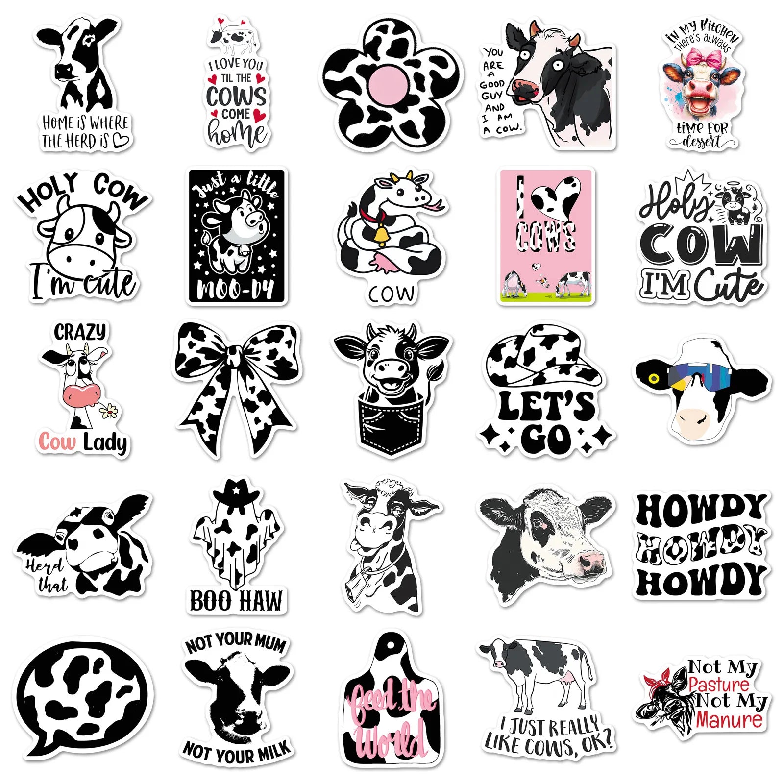 50-Pack Fun Black & White Polka Dot Cow Stickers Waterproof Decorative Stickers for Guitars Luggage Helmets Stationery Notebooks