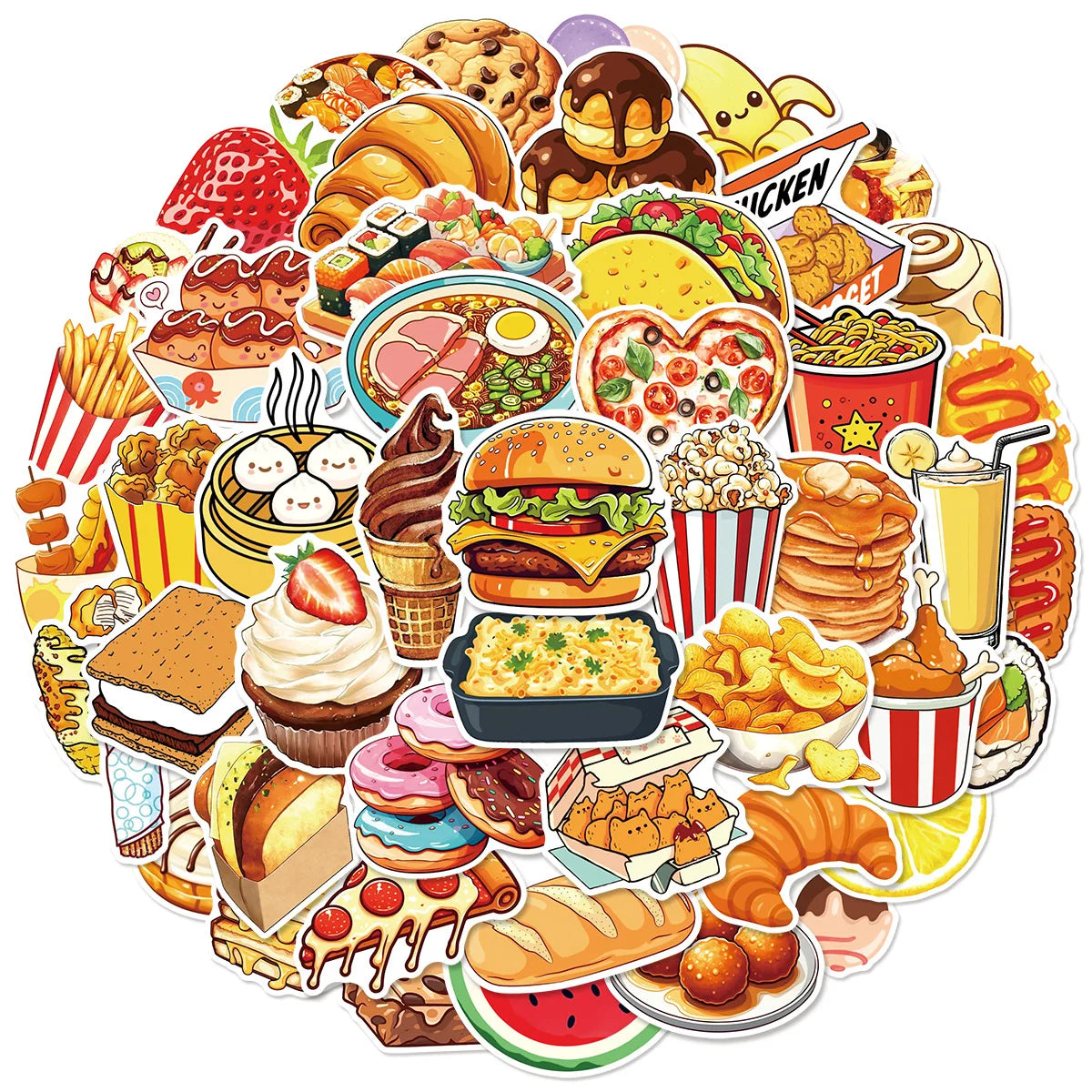 50/100PCS Cartoon Food Beverage Snack Graffiti Stickers Notebook Scooter Stationery Decoration Waterproof Stickers
