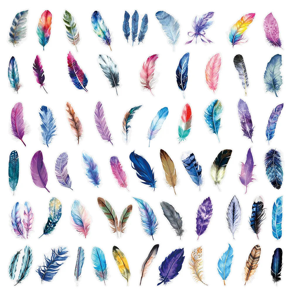 50 Pcs Dreamy Feather Colorful Transparent PET Waterproof Stickers for DIY Helmet Notebook Suitcase Fridge Window Drawer Decals