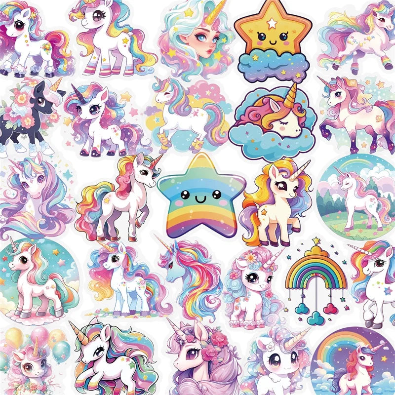 56PCS Kawaii Unicorn PET Sticky Sticker Aesthetic Tear Open DIY Colored Decoration Scrapbooking Sketchbook Supplies for Kids