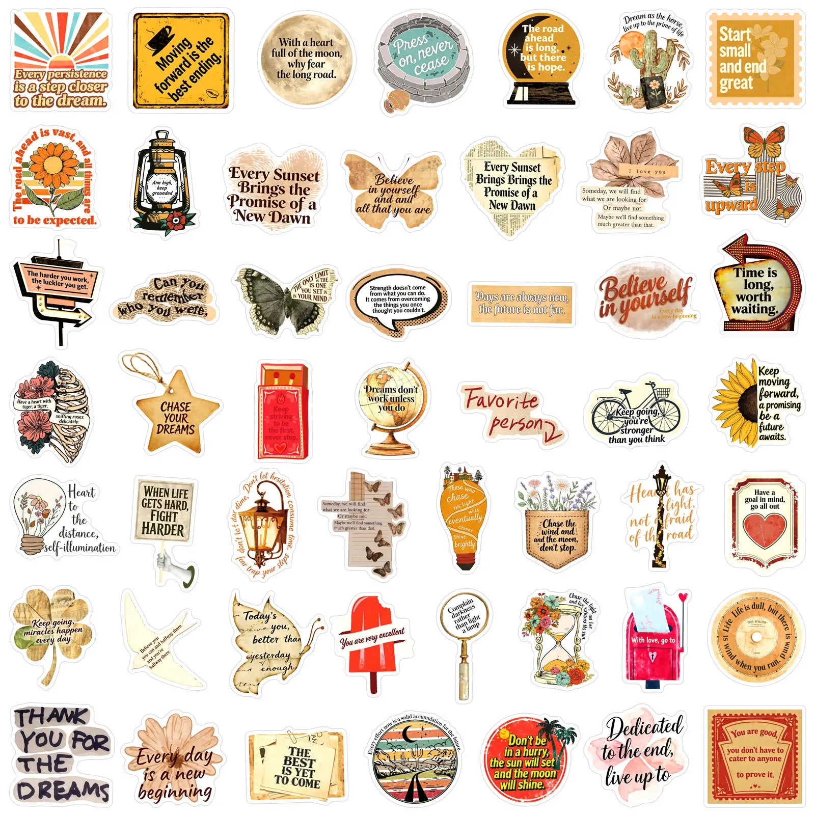 50-Piece Vintage Artistic Motivational Phrase Decals for Skateboards Water Bottles Laptops Luggage Healing Graffiti Stickers