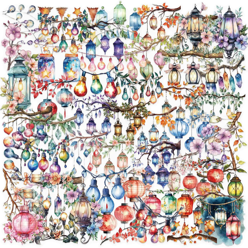 50Pcs Beautiful Lantern PET Transparent Sticker Decoration Mobile Phone Computer Refrigerator Notebook Removable Sticker
