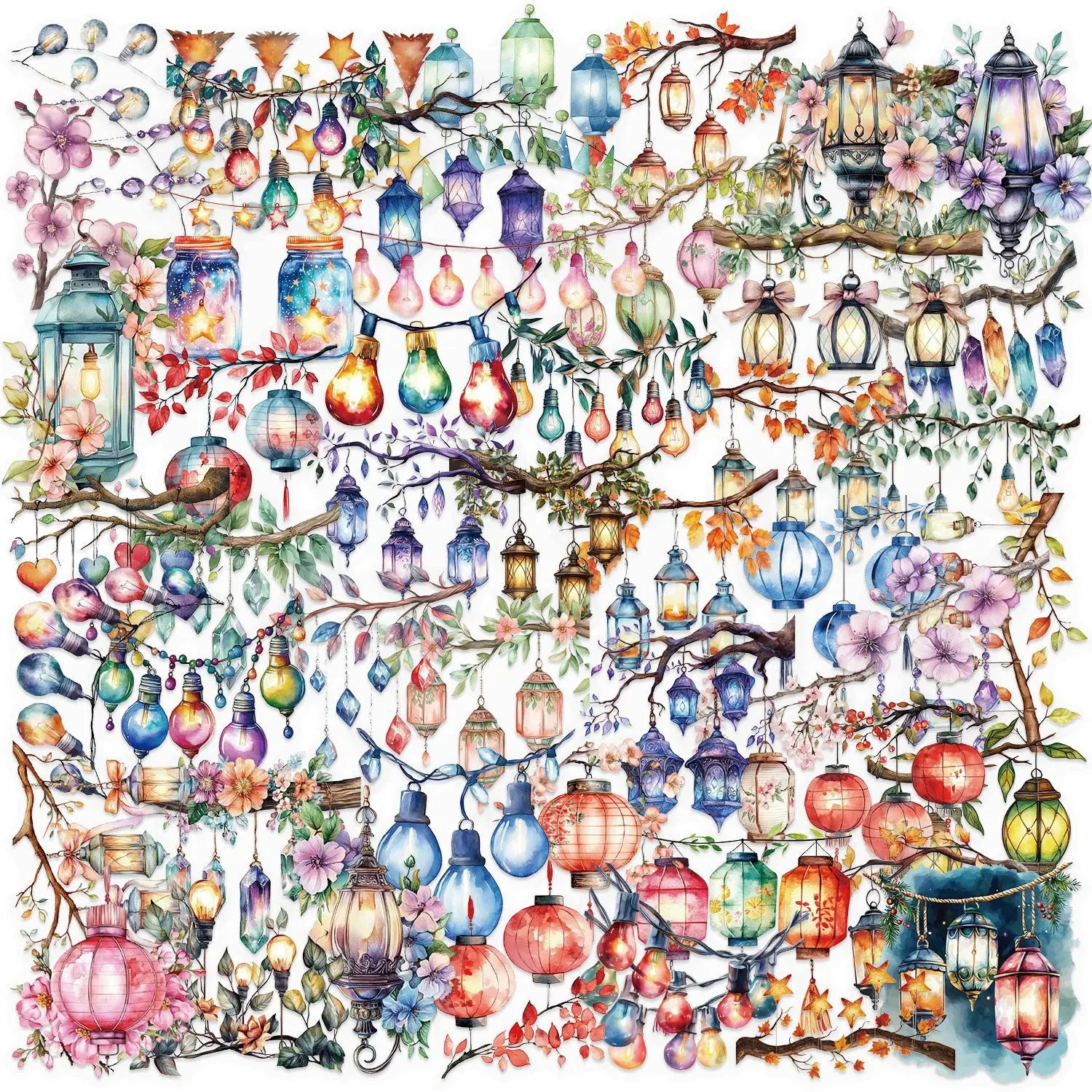50Pcs Beautiful Lantern PET Transparent Sticker Decoration Mobile Phone Computer Refrigerator Notebook Removable Sticker