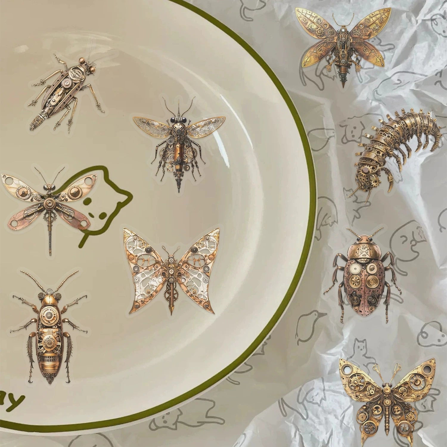 50/100PCS Steampunk Insect Cartoon Stickers Transparent PET Creative Stickers Waterproof Decorative Stationery Cups
