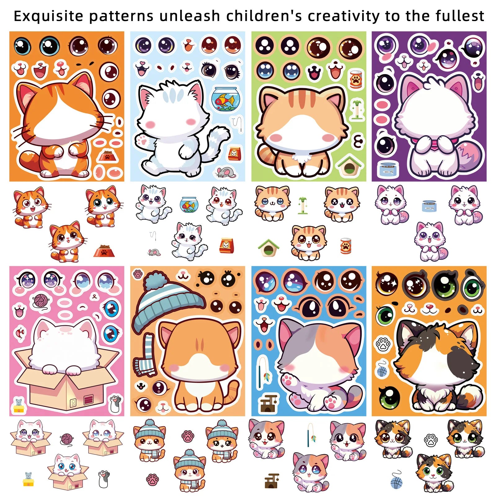 8-Pack Adorable Cat Face Puzzle Stickers Waterproof Notebook Decorations Student Stationery Festival Gift Idea Decals