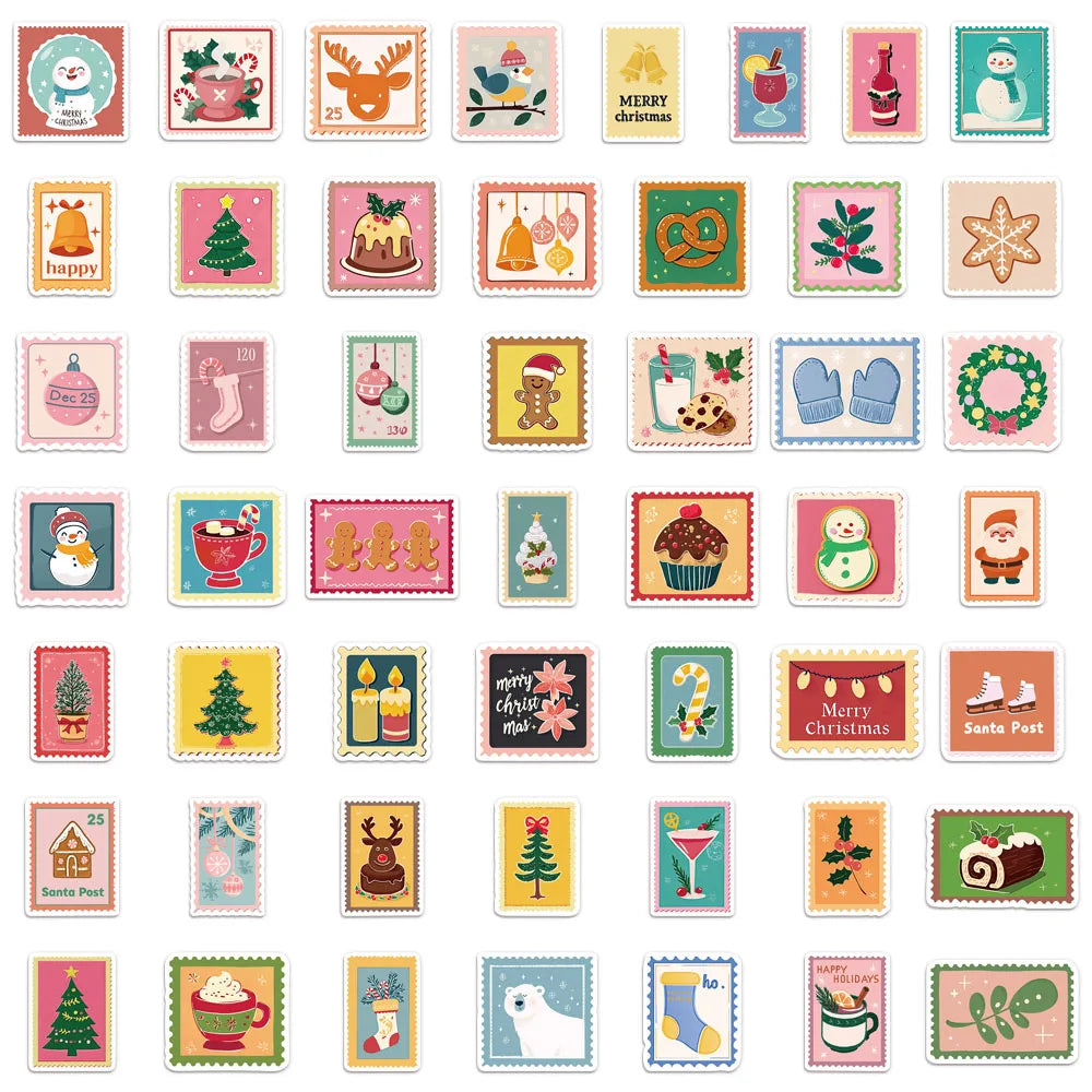 50PCS Christmas Stamp Tags Decorative Stickers DIY Scrapbook Phone Case Laptop Tablet Toy Decorative Stickers