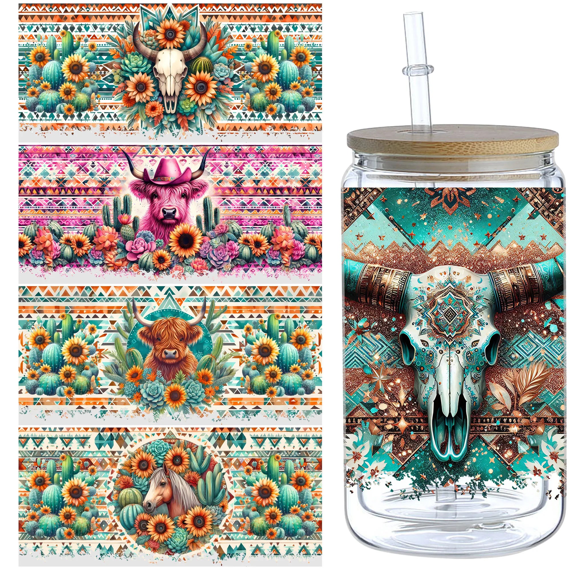 5 Sheets Aztec Animals Western Cactus DTF Cup Stickers, Glass Cup DTF Transfer Stickers, Waterproof Wipeable Transfer Paper