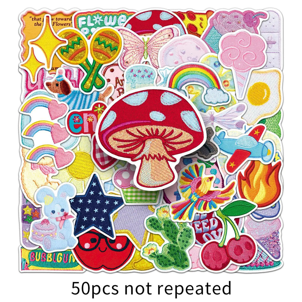 50Pcs Embroidery Cloth Art Cartoon Doodle Stickers Kawaii Kids Stationery Fun DIY Decals Phone Guitar Cup Notebook DIY Sticker