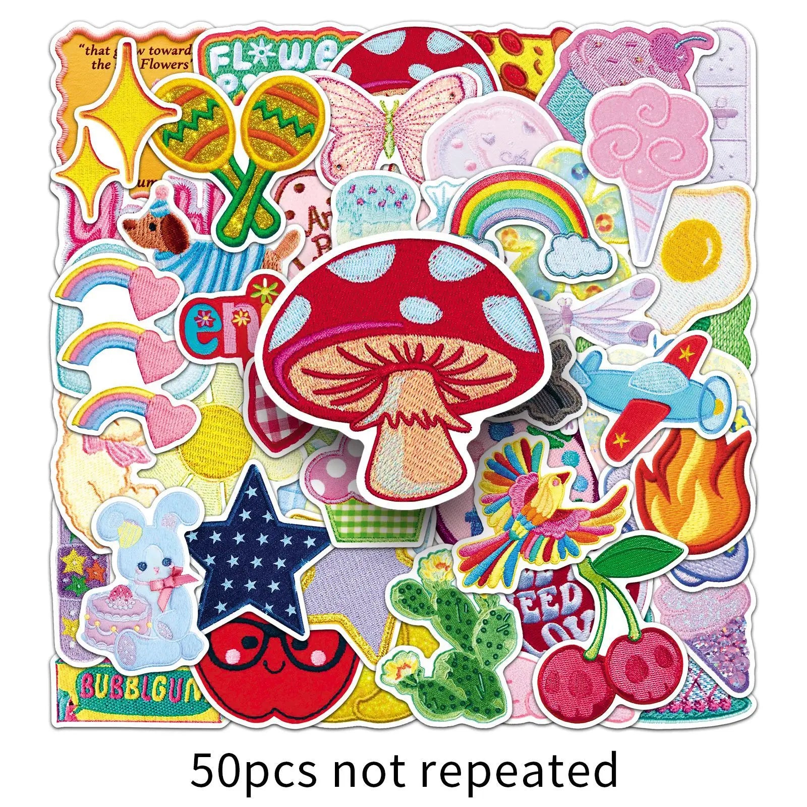 50Pcs Embroidery Cloth Art Cartoon Doodle Stickers Kawaii Kids Stationery Fun DIY Decals Phone Guitar Cup Notebook DIY Sticker