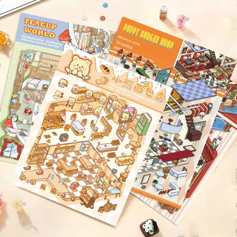 3D Cartoon Landscape Stickers Bear Bakery Miniature World 3D Small House Decompression DIY Scene Hand Account Stickers