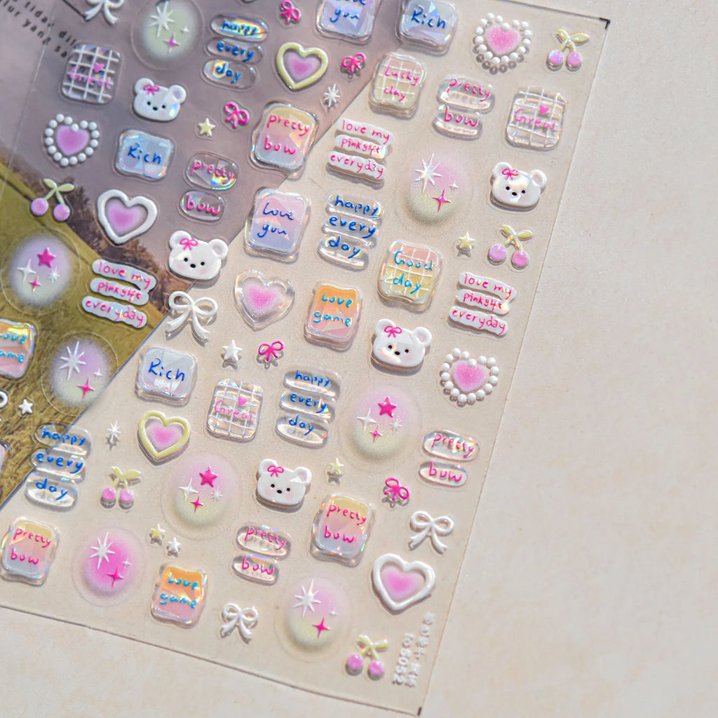 Sweet Puppy Dog Happy Day Cute Cherry star Rich Pink Love Heart Pretty Bowknot 5DNail Art Sticker Self Adhesive Manicure Decal