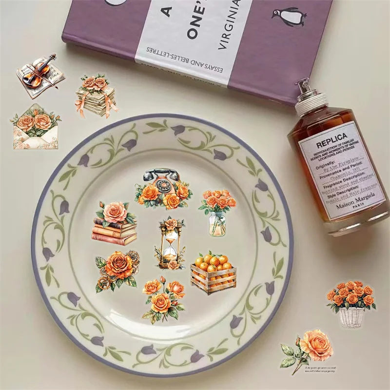 50PCS Kawaii Orange Rose Sticky PVC Sticker Aesthetic Stationery DIY Decoration Scrapbooking Children's Supplies