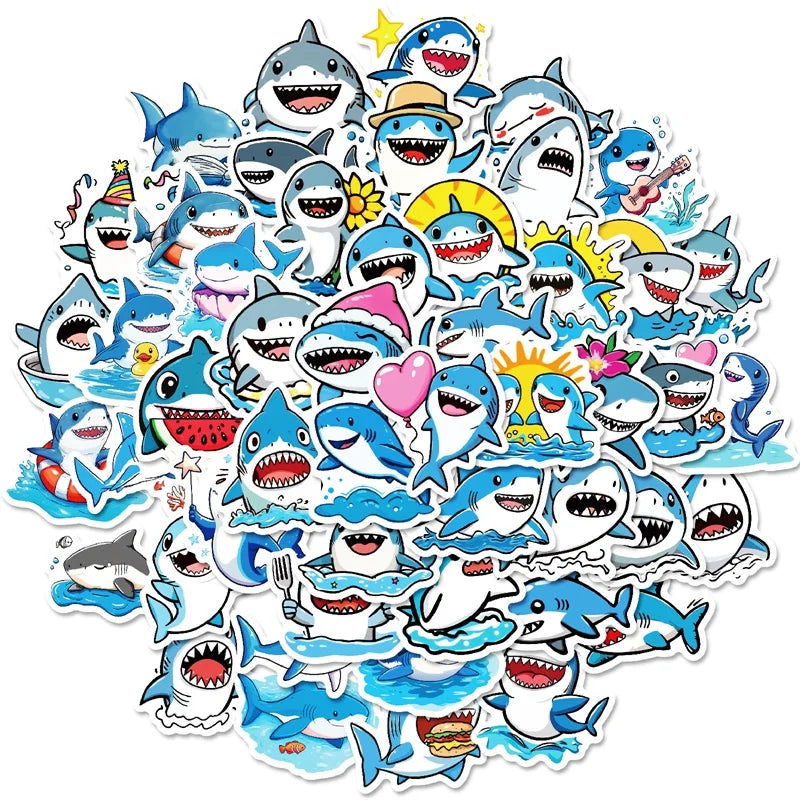 10/30/50PCS Kawaii Blue Shark PVC Sticky Sticker Aesthetic DIY Decoration Scrapbooking Children's School Supplies for Kids