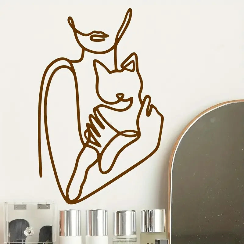 1pc Elegant Woman and Cat Wall Sticker - Contemporary Self-Adhesive Vinyl Decal, Reusable Glossy Finish for Living Room, Bedroom