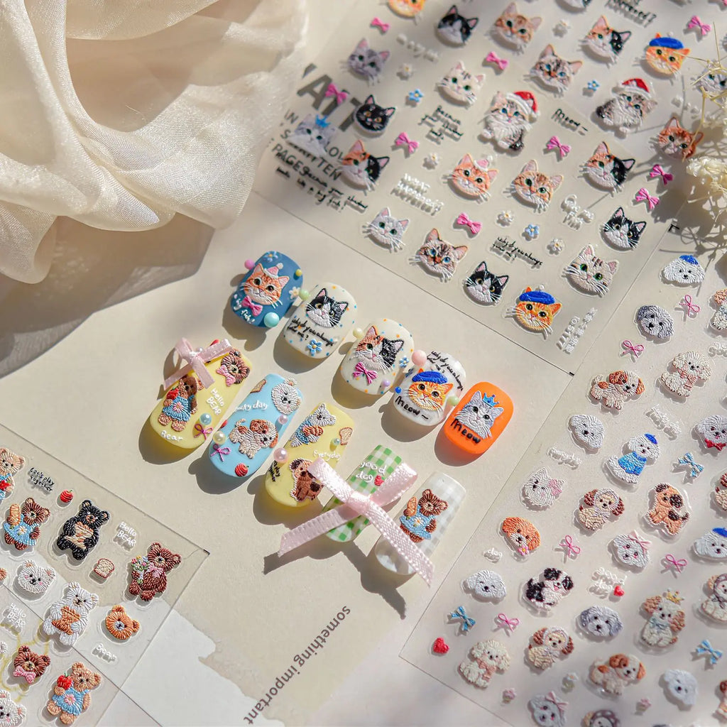 1pc Embossed Nail Stickers Kawaii Cartoon Cat Nail Art Stickers Balet Stylies Self Adhesive Autumn and Winter Nails Decorations