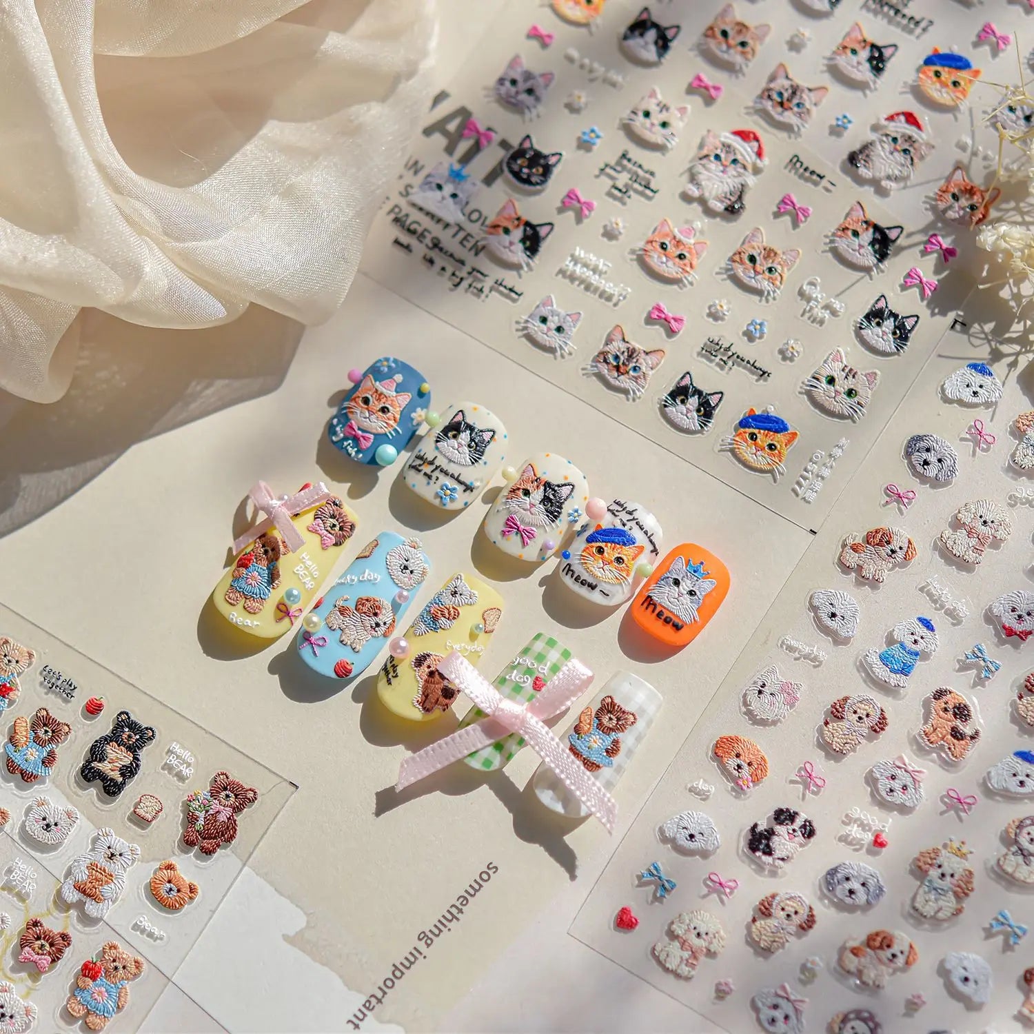 1pc Embossed Nail Stickers Kawaii Cartoon Cat Nail Art Stickers Balet Stylies Self Adhesive Autumn and Winter Nails Decorations