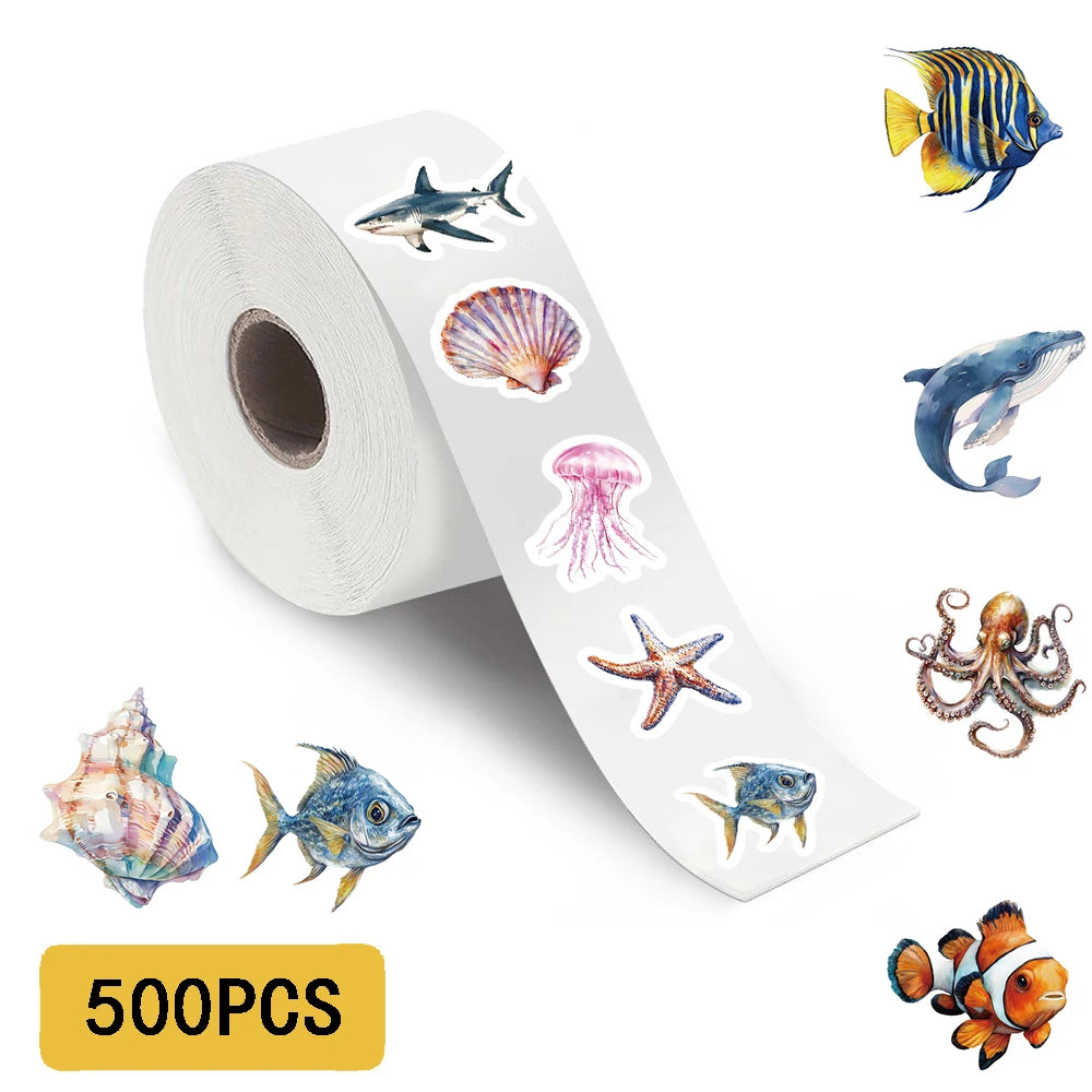 500PCS Marine Organism Roll Stickers Art Picture Laptop Scrapbooking Cartoon Stationery PVC Decorative Guitar Dormitory