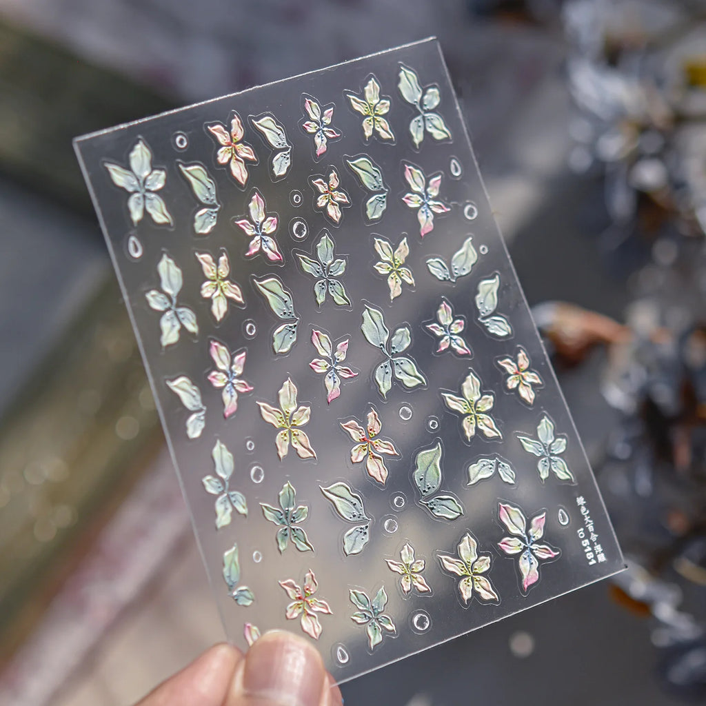 Classic White Flowers Nail Charms Stickers 5D Embossed Pearls Flowers Ribbon Design Nail Art Stickers DIY 3D Manicure Decoration