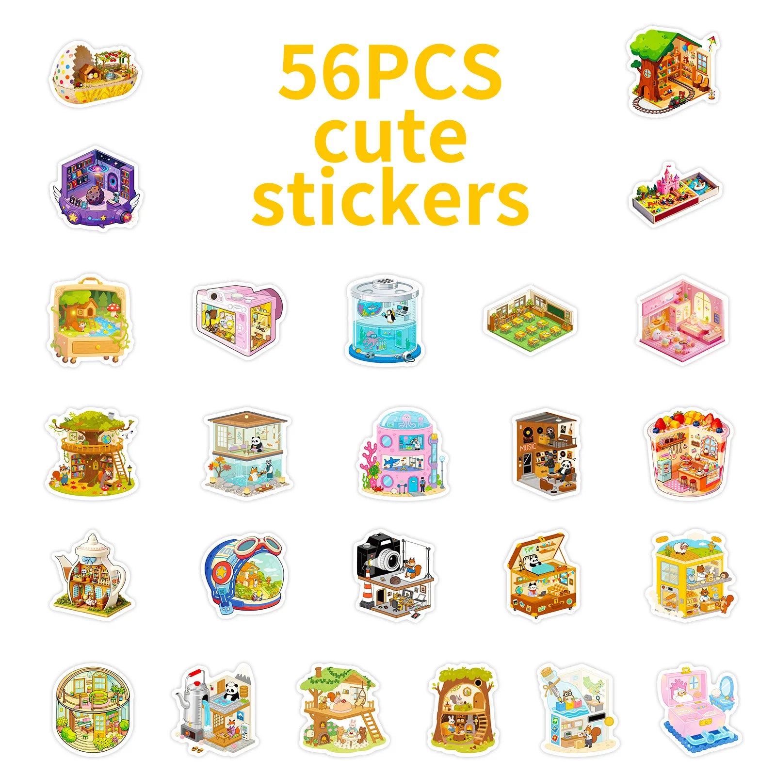 56PCS Cute 3D Scene Stickers, Office School Supplies Children Notebook Stationery Suitcase Waterproof Art Sticker