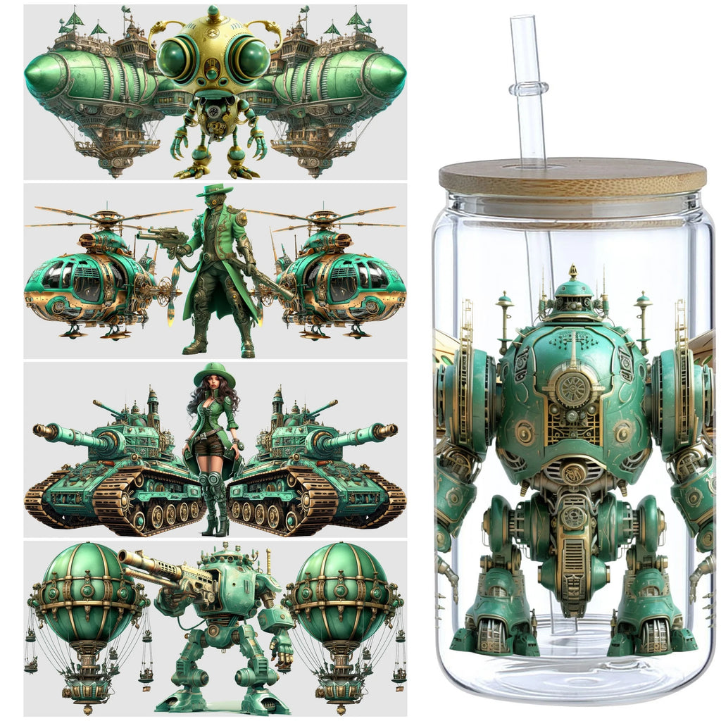 5 sheets Steampunk UV DTF Cup Stickers, DTF Friction Transfer Stickers, Waterproof Cartoon Transfer Stickers for 16oz Glass Cups