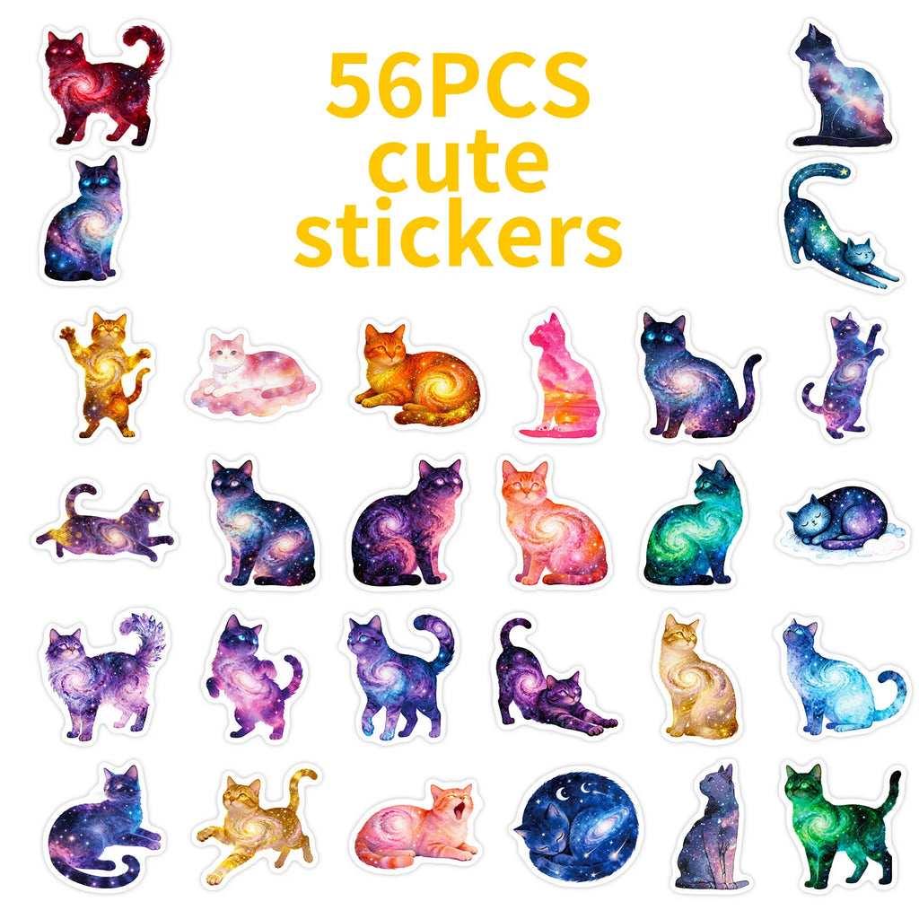 56/112 Pcs Colorful Dreamy Galaxy Cat Doodle Stickers Vivid High Quality for Cup Guitar Piano Stationery Box Decals