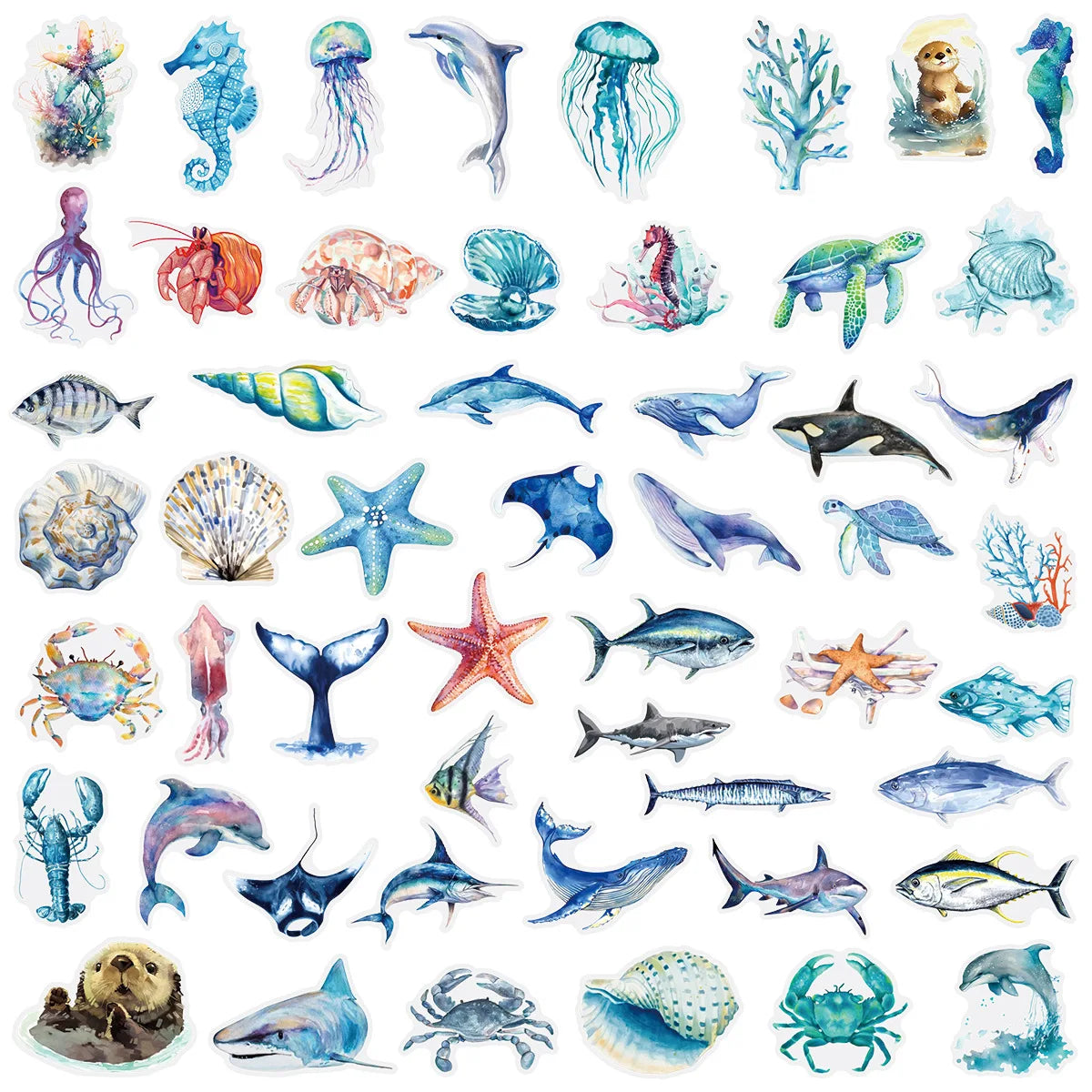 50PCS Transparent PET Marine Animal Stickers for Phone Suitcases Notebooks Stationery Decorations, Waterproof Stickers