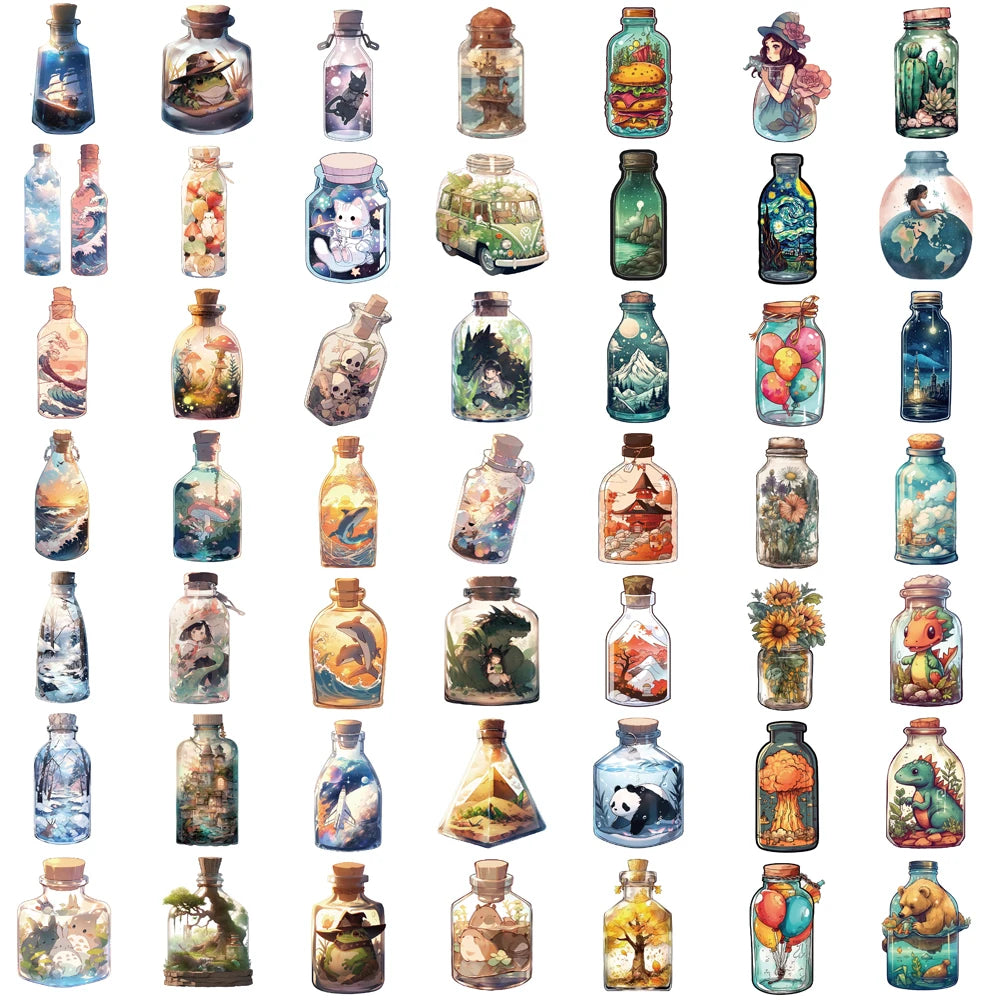 50PCS Stickers The World in a Bottle Print Harajuku Nostalgia Cartoon Coffee Laptop Skateboard Luggage Art Aesthetic Sticker ﻿