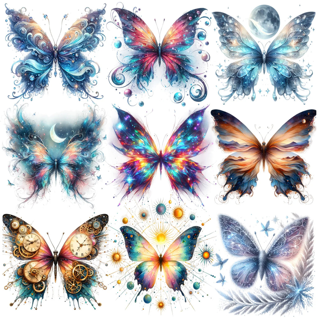 9 sheet Colorful Butterfly Themed Iron-On Decals T-Shirt Heat Transfer Suitable for DIY, Cool, Beautiful, T-Shirts, Masks, Jeans