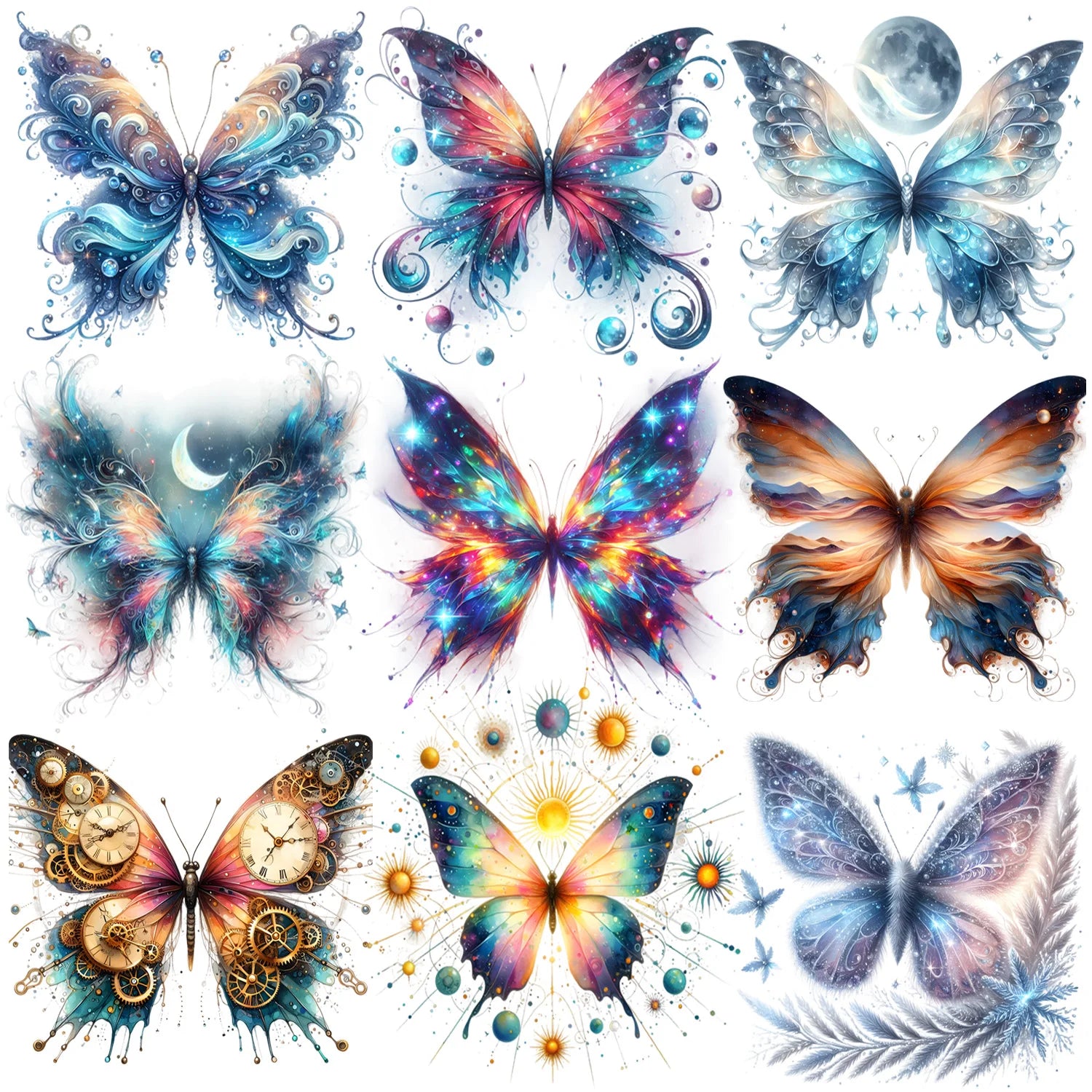 9 sheet Colorful Butterfly Themed Iron-On Decals T-Shirt Heat Transfer Suitable for DIY, Cool, Beautiful, T-Shirts, Masks, Jeans